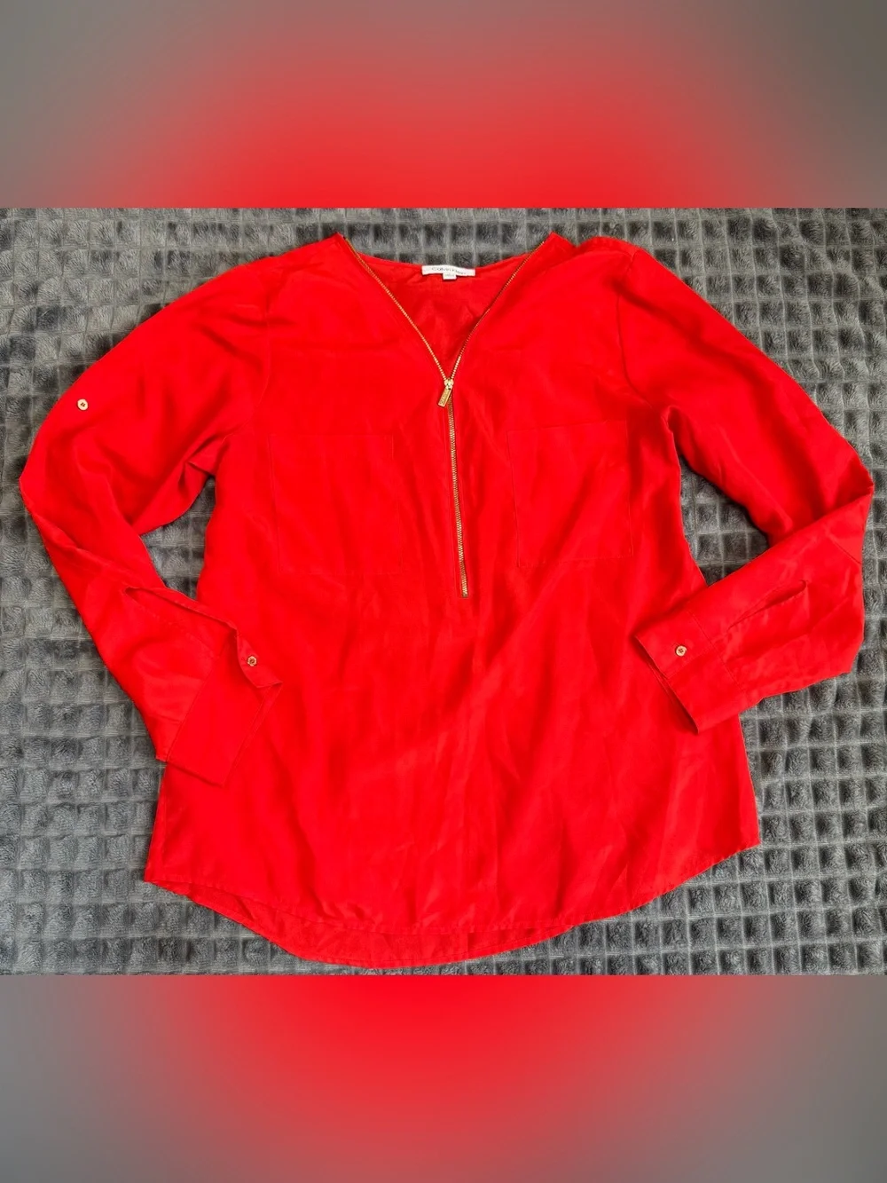 Calvin Klein Large Women's Red Zip-Front Long Sleeve Blouse Shirt Dress Top (B6) - Picture 4 of 6